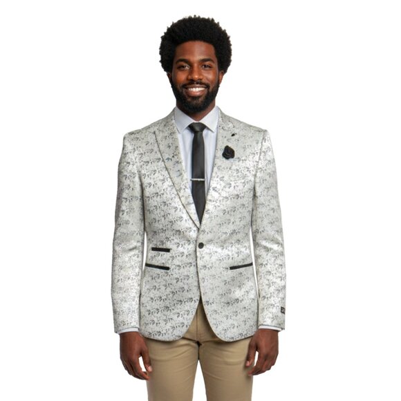 Men's Floral Blazer Slim-Fit Jacket, Eggshell/Silver - Picture 1 of 5